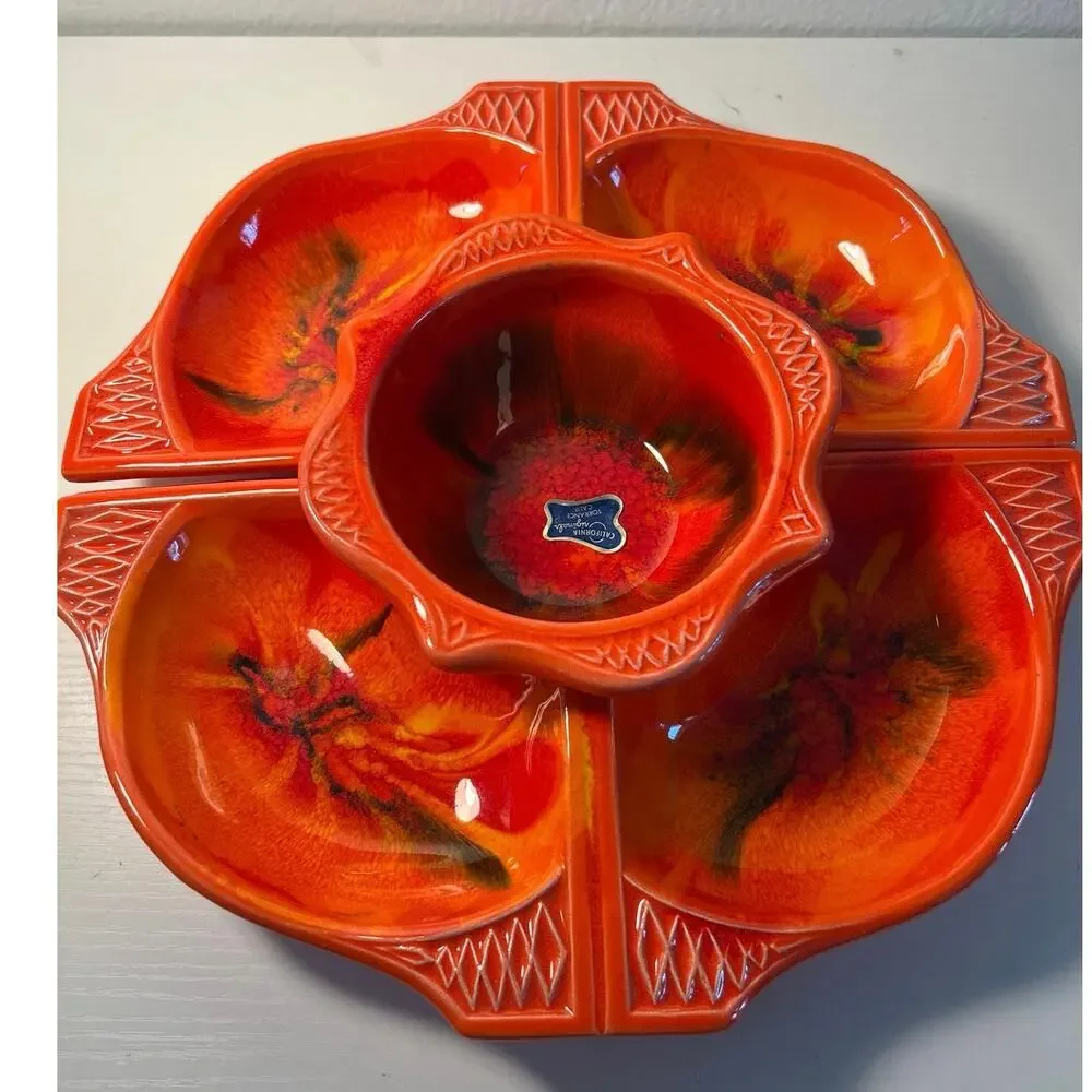 Art Deco 60’s Calif Originals Lazy Susan Chips & Dip Serving Dish Orange Lava